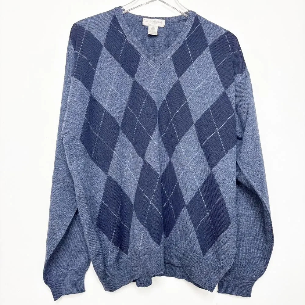 Men's Vintage Tricots St Raphael V- Neck Blue Argyle Wool Sweater L